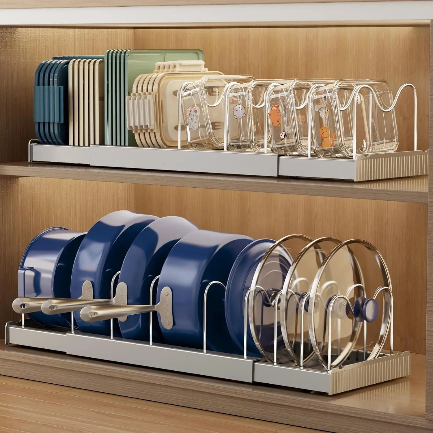 2PCS Pot Lids Organizer Rack for Cabinet and Countertop 14+ Pan Lids and Bakeware Organizer Rack Holder with 7 Adjustable Compartments Kitchen Storage Pot Lid Storage  Mother's day Gift