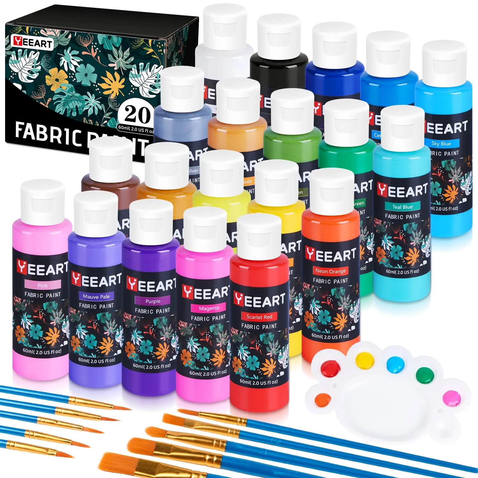 Yeeart Unisex Classic Fabric Paint DIY Set - 20x60ml Metallic Bottles, 10 Brushes, Palette, Non-Toxic High-Quality Materials, Fast Drying, Great Lightfastness & Gloss Finish, Machine Washable, for T-Shirts, Bags, Kids and Adults DIY Painting Supplies