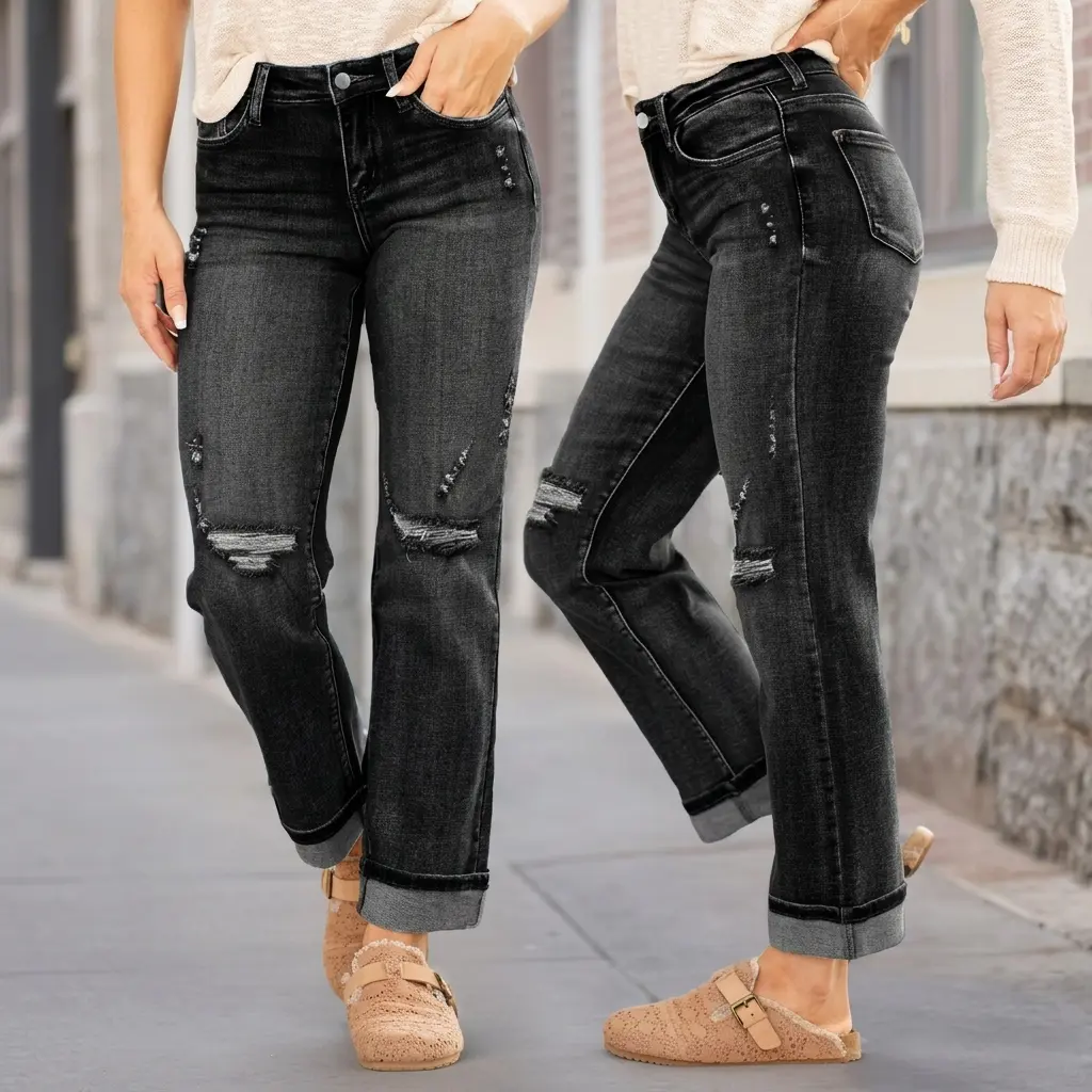 Women's Mid-Rise Black/Gray Gradient Ripped Straight-Leg Denim Mother Jeans - Soft, Essential Everyday Trendy Jeans, Retro 00s American Campus Vibe, Slimming Rolled Cuffs, Minimalist Streetwear Crop Pants for Casual Wear