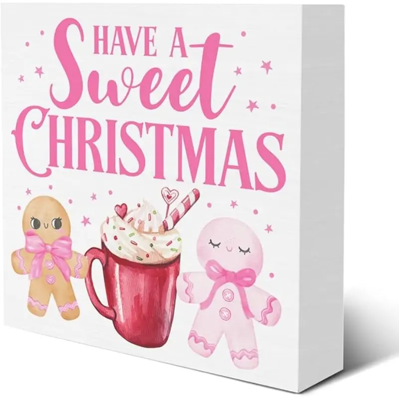 Pink Gingerbread Christmas Decorations, Have a Sweet Christmas Wooden Box Sign for Winter Xmas Holiday, Gingerbread Kitchen Bar Decor 5 X 5 Inch, Party Decor, Christmas Ornaments