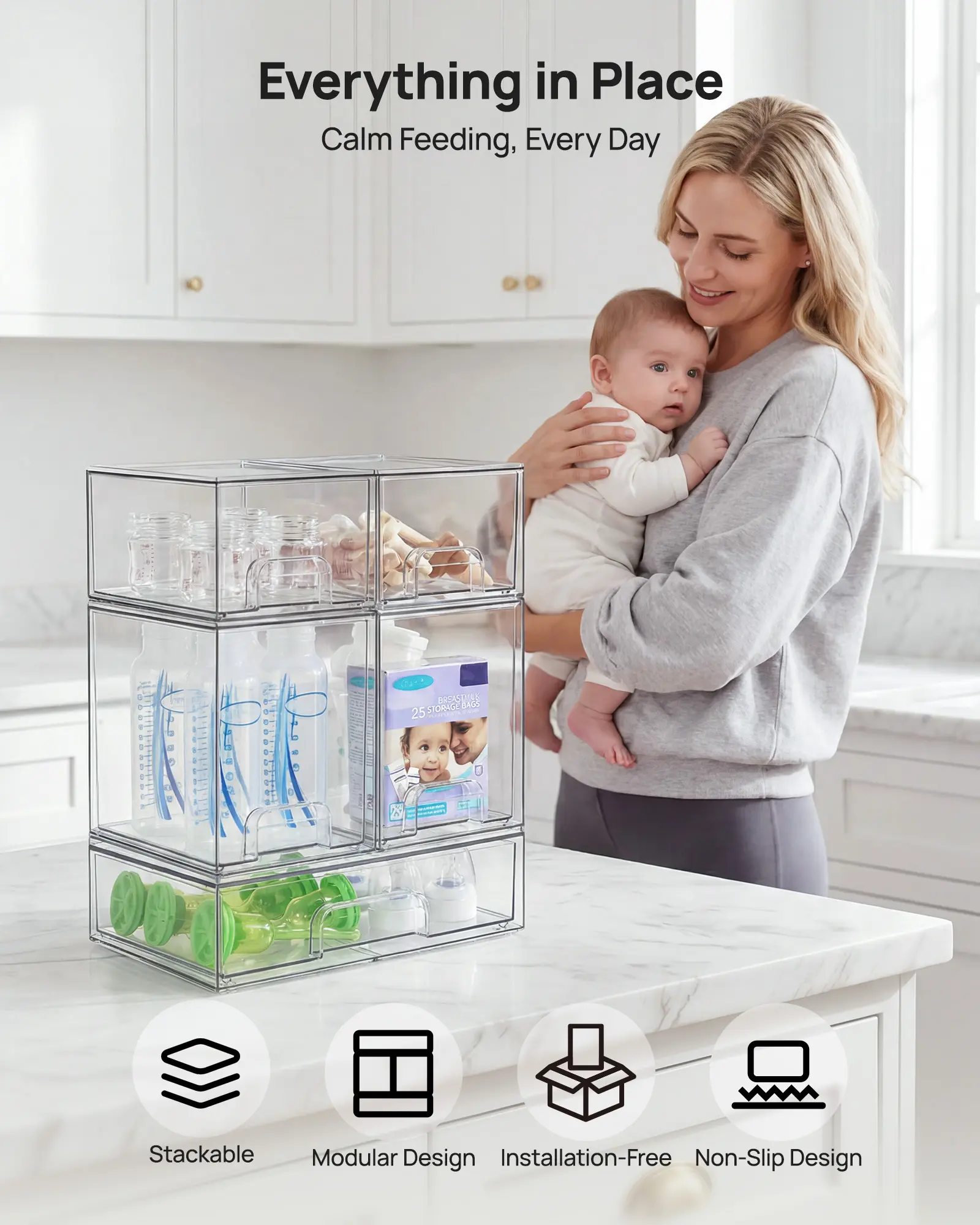 【Bottles Station】Vtopmart Stackable Nursery Set of 5/8 Clear Plastic Organizer Bins for Makeup Beauty Supplies Vanity Bathroom Cabinet Pantry, Multi-Size Flexible Design BPA-Free Safe Water&Dust Proof,dorm essentials,home decor