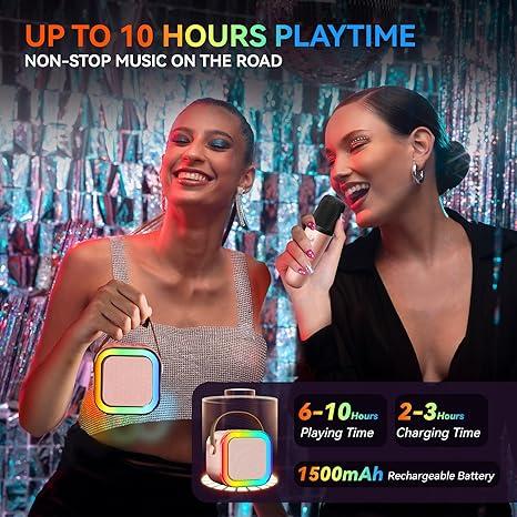 Mini karaoke machine with 2 microphones, wireless BT speaker,Bluetooth Speaker with LED Nightlight, Bluetooth party Pink karaoke