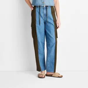 Women's Mid-Rise Barrel Leg Mixed Fabric Jeans - Future Collective