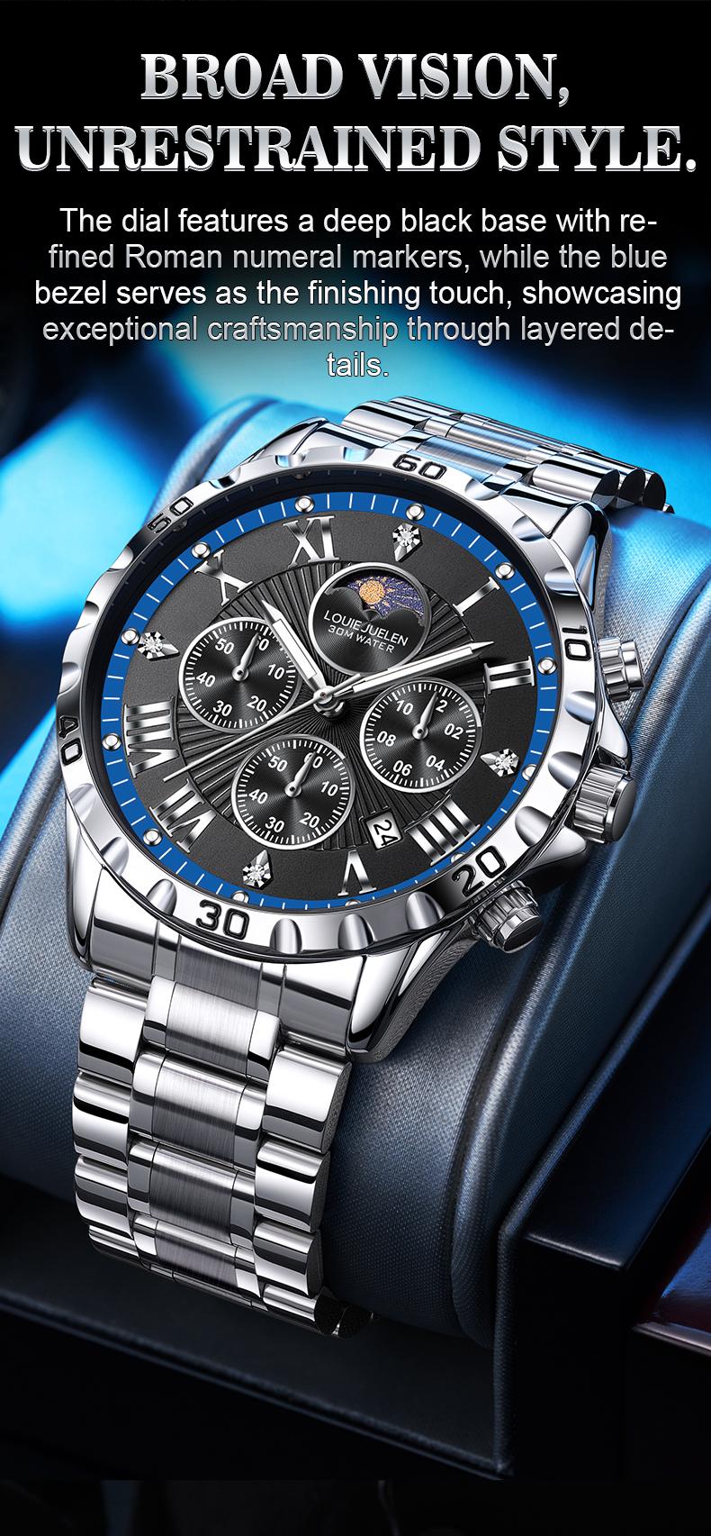 Men's Swiss Elegance Watch,LOUIEJUELEN Commander Series Men's Luxury Swiss Multi-Function Business Watch - Sapphire Crystal, Stainless Steel Bracelet, 42mm Dial, Waterproof, Shockproof, Luminous Display, Ideal for Business & Social Occasions