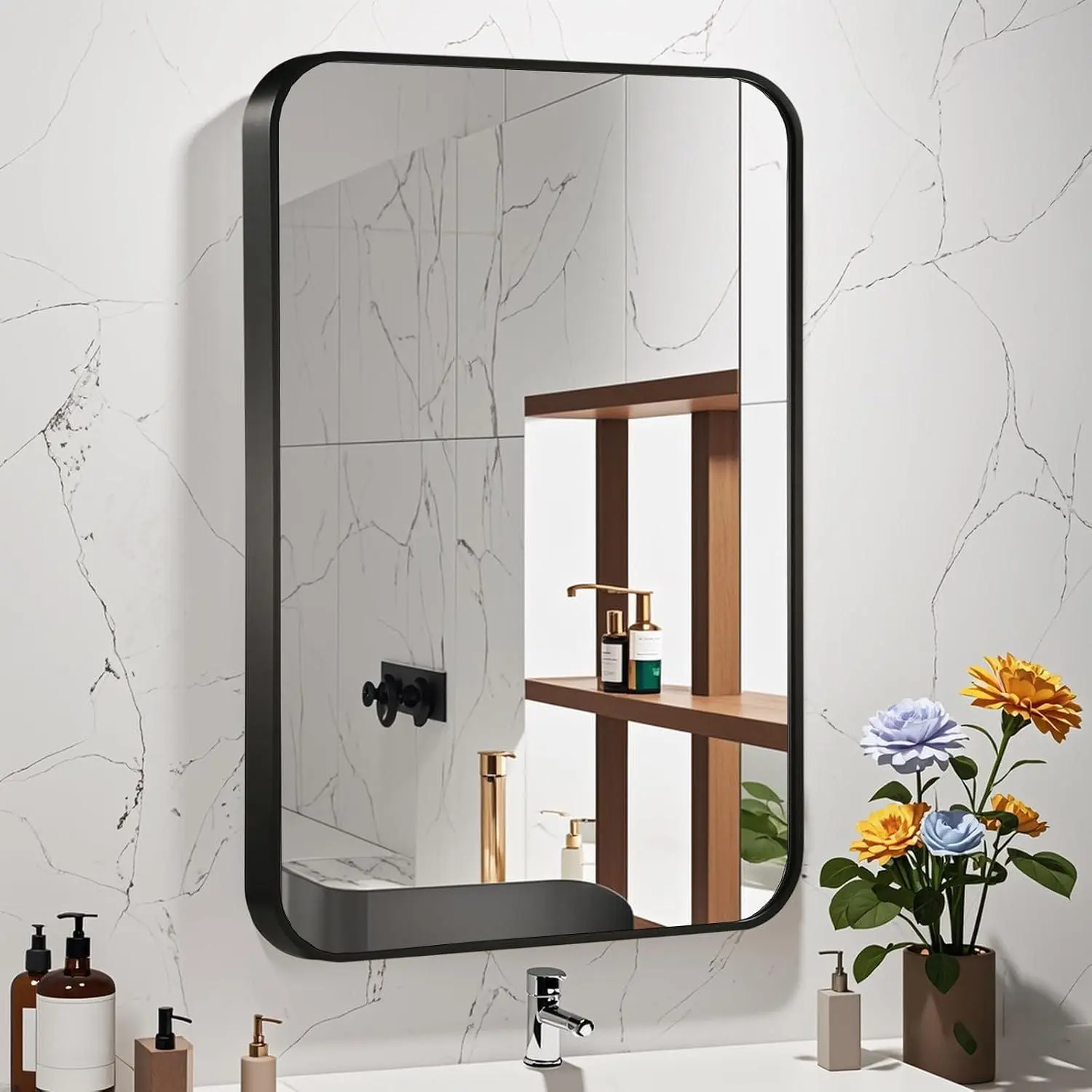 Aluminum Alloy Frame Bathroom Mirror, Large Rectangular Wall Mirror Over Sink, Matte Black Vanity Mirror for Restroom Entryway Fireplace