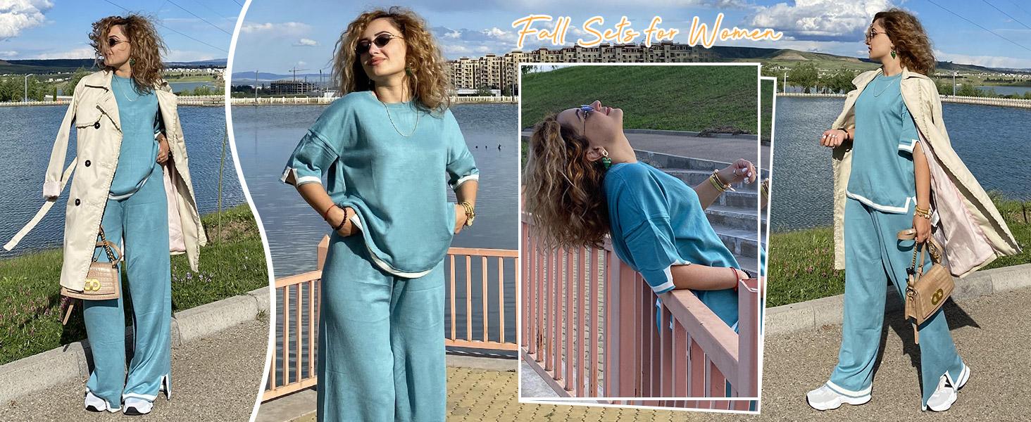 Ekouaer Women's 2-Piece Knit Pajama Set - Short Sleeve Top, Wide Leg Pants with Pockets, Elegant Soft Comfortable Fashion Loungewear Ekouaer Women's 2-Piece Knit Pajama Set - Short Sleeve Top, Wide Leg Pants with Pockets, Elegant Soft Comfortable Fashion Loungewear