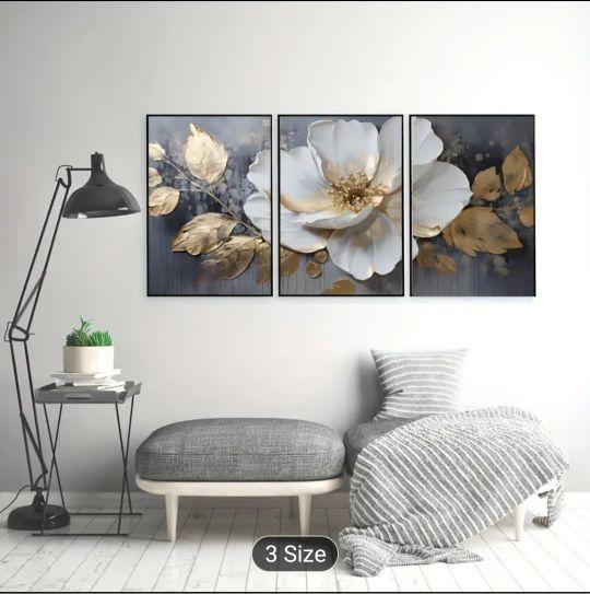 3pcs with frame --Abstract floral theme canvas wall art framed painting, 2D flat surface, suitable for indoor Easter, Mother's Day, Mardi Gras, St. Patrick's Day luxury decoration for him/her, bedroom, living room, bathroom, home office aesthetic decorati