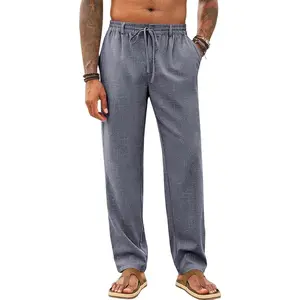 Runcati Mens Casual Pants Linen Elastic Waist Drawstring Lightweight Pants Loose Fit Summer Beach Yoga Trouser