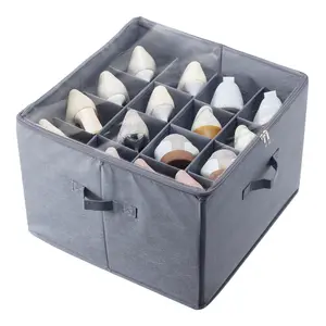 Under Bed Shoe Storage Organizer, 1 Pack, 16 Compartments, Underbed Shoe Box Storage Containers Adjustable Dividers, Sandal Organizer Storage with Clear Window, Breathable, Reinforced Handles