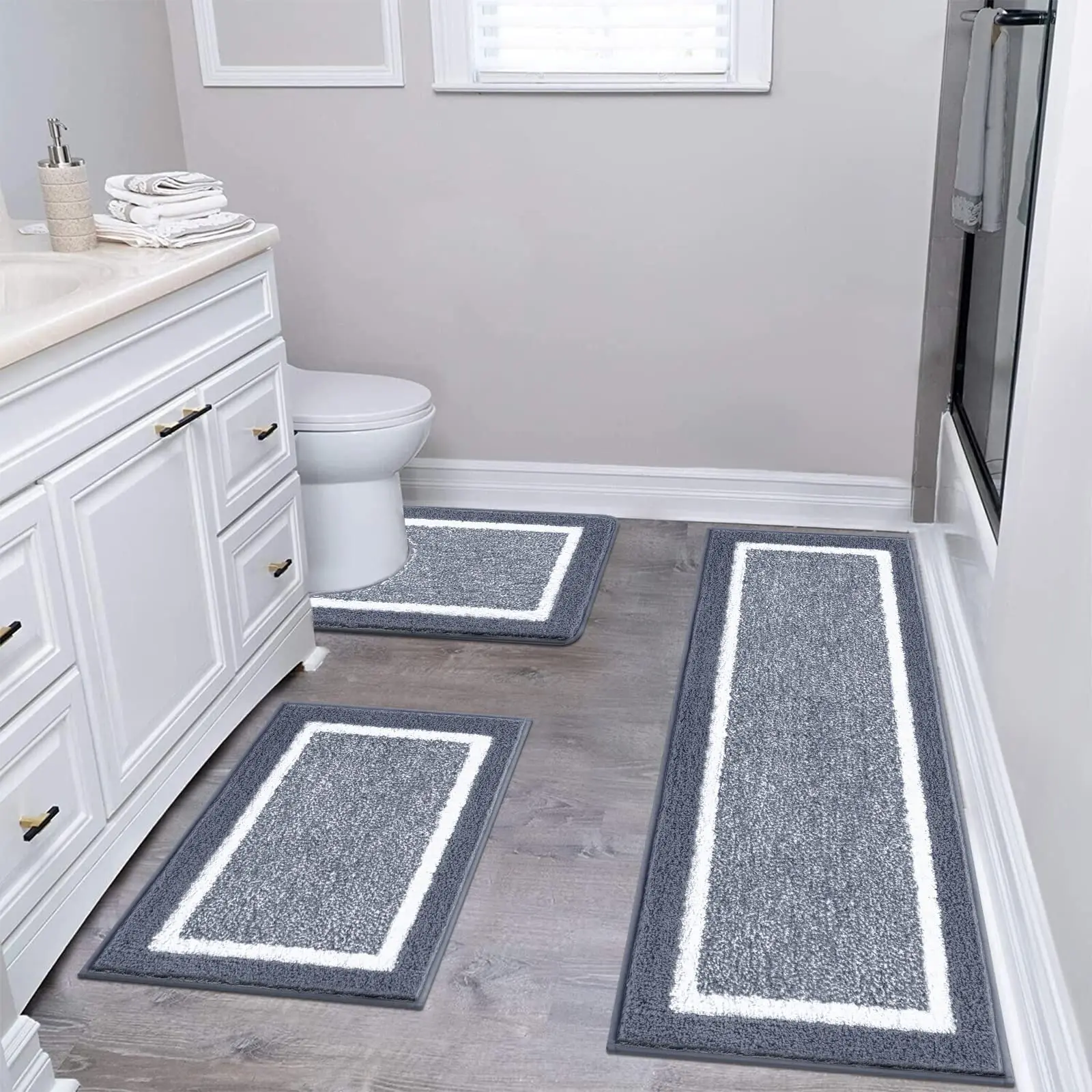 Dark Grey Bathroom Rugs Set 3 Piece Non Slip Washable, Plush Absorbent Microfiber Bath Mat Shower Rug Runner Quick Dry, Super Soft U Shaped Toilet Mats Floor Carpet Cozy Thick