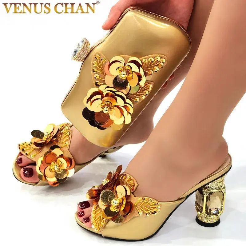Embellished Heels & Gold Matching Bag Set – Bling Slingback Pumps for Weddings & Evening Parties