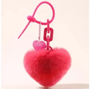 Fluffy Heart Shape Faux Fur Pom Pom Bag Accessories Cute Keyring Charms for Handbag Wallet Purse Backpack