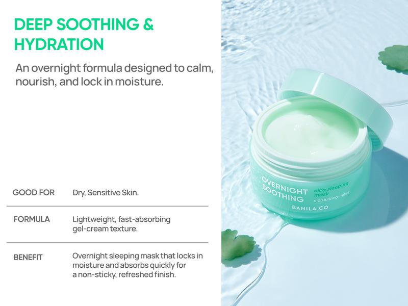 Banila Co Overnight Soothing Cica Sleeping Mask | Centella Asiatica Water for Calming Skin | Panthenol for Intense Hydration | Korean Facial Skincare Non-Comedogenic | Vegan | Gel Hydrating
