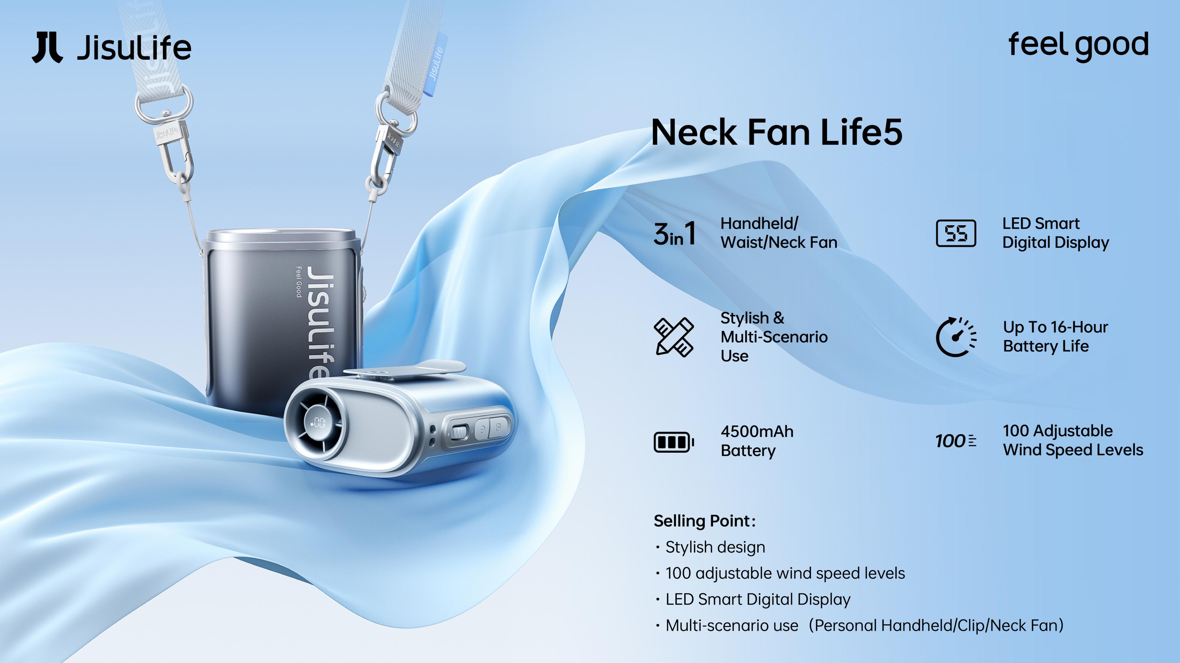 JISULIFE Neck Fan Life5 100-Speed Turbo Portable Pocket Fan 16H Cooling 4500mAh Wearable Waist Fan with LED Display Ultra-Lightweight for Concerts Festivals & Outdoor Use