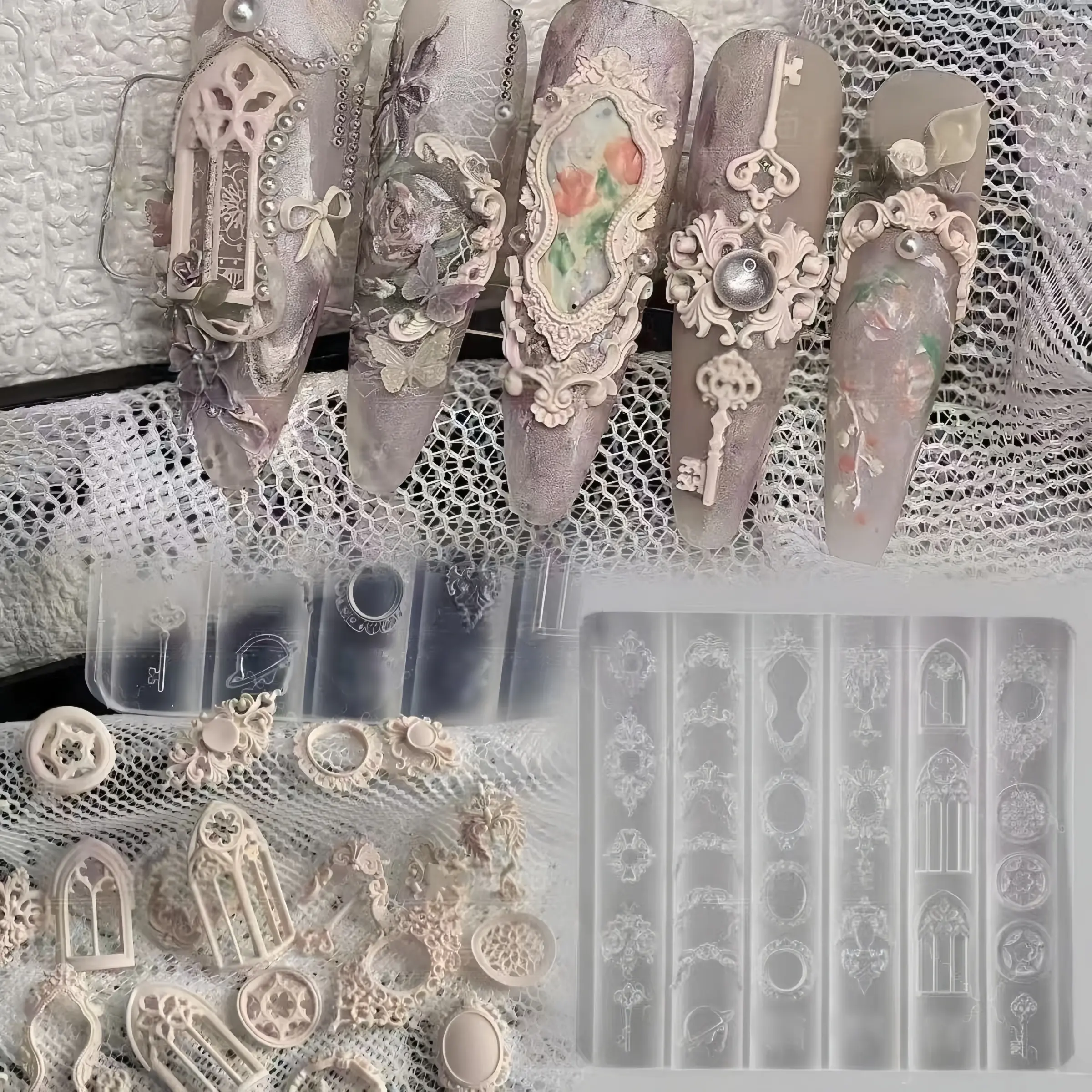 Vintage European Style Nail Art Mold, Silicone Nail Decoration Tool, Retro Floral Design, 3D Candle Holder Pattern, Manicure Accessory, Gel Extension, Nail Tech Supplies