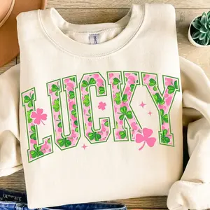 Lucky St Pattys Day Sweatshirt, Pink Clover Graphic Apparel, Coquette Aesthetic Irish, Casual Wear, Unisex Cotton Clothing, Trendy Short Sleeve
