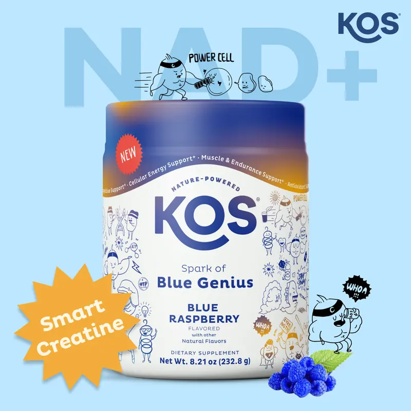 KOS NAD+ Blue Genius - & Cellular Energy Supplement with NMN, RiaGev, 4CreaVida, Alpha GPC for Healthy Aging, Blue Raspberry, 8.21 oz