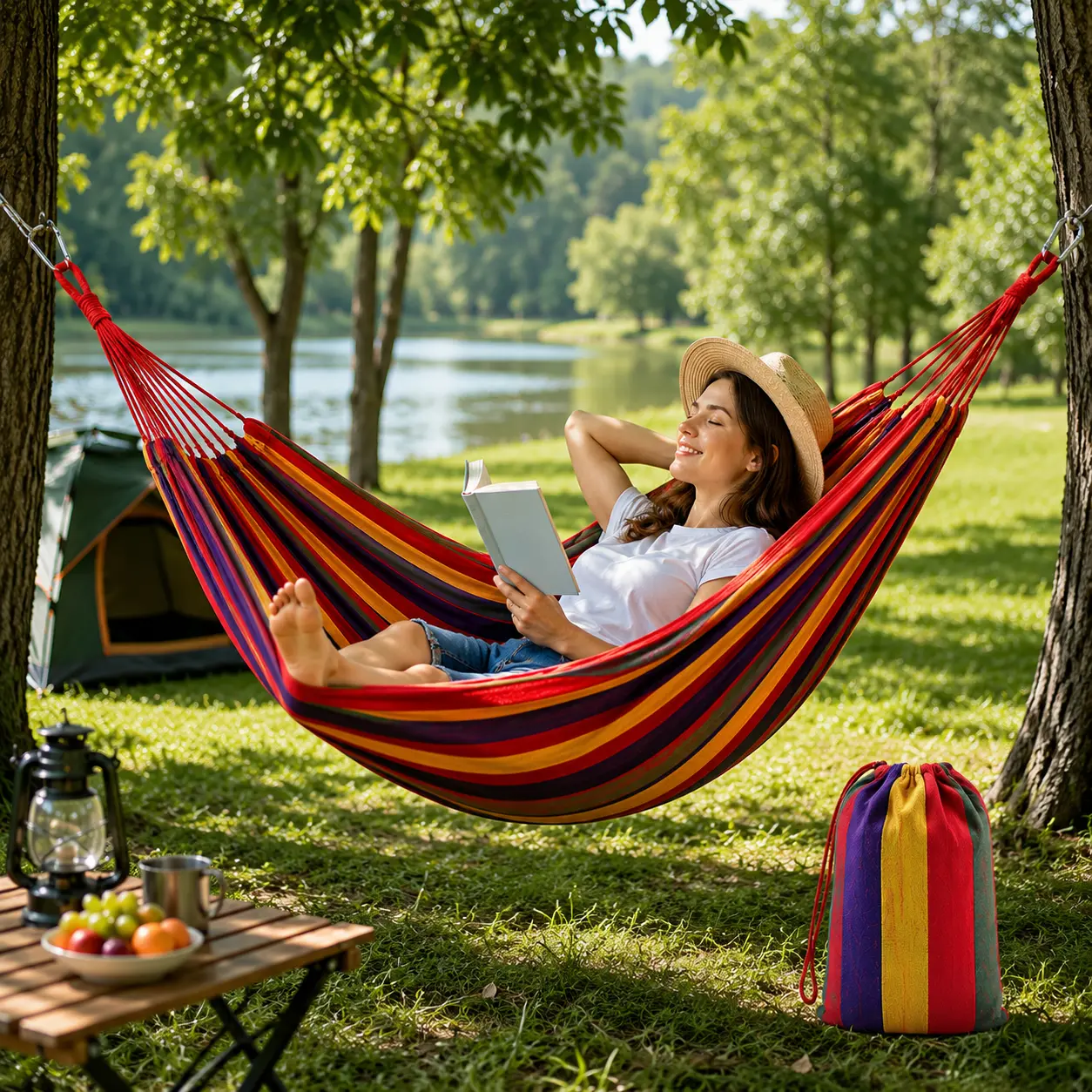 Portable Camping Hammock with Carry Bag, Lightweight Outdoor Hanging Hammock for Beach, Garden, Hiking, Travel & Backyard