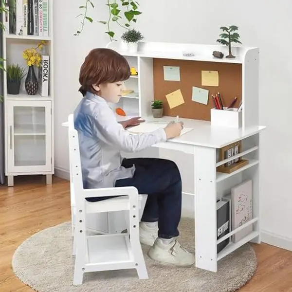 Gaomon Wooden Kids Desk and Chair Set - White Study Table with Storage Shelf, Bulletin Board, 100 lbs Capacity, Adult Assembly Recommended, Birthday Ideal Gift for Young Learners (Up to 100 lbs Weight Limit),sohochic