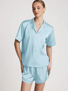 Azazie Satin Contrast Piping Short Sleeve Button-Up Pajama Set