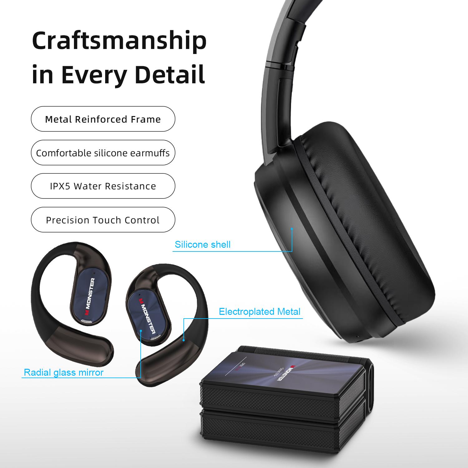 Monster Bluetooth Headphones Combo Set – Mission 100 Over-Ear Wireless Headphones with Deep Bass, Clear Sound & Noise Cancelling Mic + Monster Wireless Earbuds 100H Playtime, Bluetooth 6.0, IPX5 Waterproof, Foldable, Ideal for Travel, Work & Sports