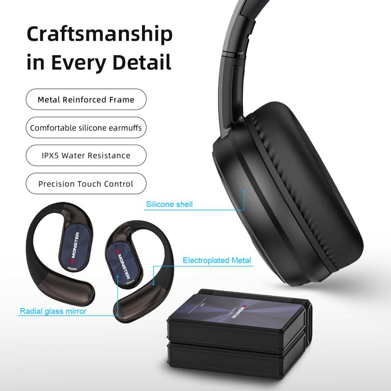 Monster Bluetooth Headphones Combo Set – Mission 100 Over-Ear Wireless Headphones with Deep Bass, Clear Sound & Noise Cancelling Mic + Monster Wireless Earbuds 100H Playtime, Bluetooth 6.0, IPX5 Waterproof, Foldable, Ideal for Travel, Work & Sports