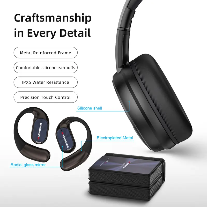 Monster Over-Ear Noise-Cancelling Module Wireless Headphones & Earbuds Combo Set (Black) - Portable Foldable, Deep Bass Punch, Waterproof Bluetooth 6.0 Earbuds with 100H Long Playtime, Cool Gifts for Adults, Ideal for Gym, Travel - TikTokShopBackToSchool