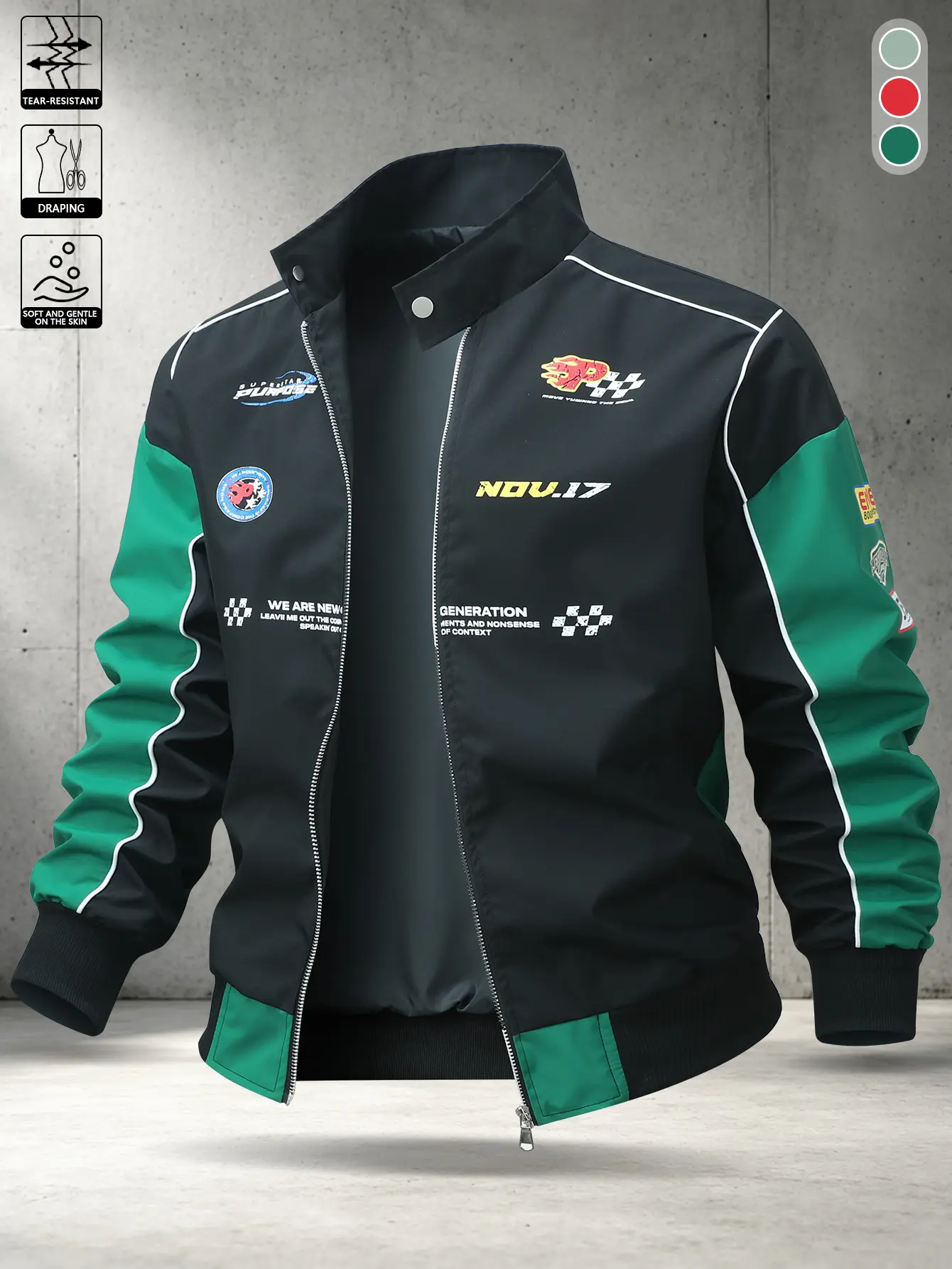 American retro racing-style stand collar zip-up jacket featuring multiple sets of racing logo prints, white contrast stitching, dropped shoulders and a loose fit—a trendy men’s top for campus outings and riding out on a motorcycle.