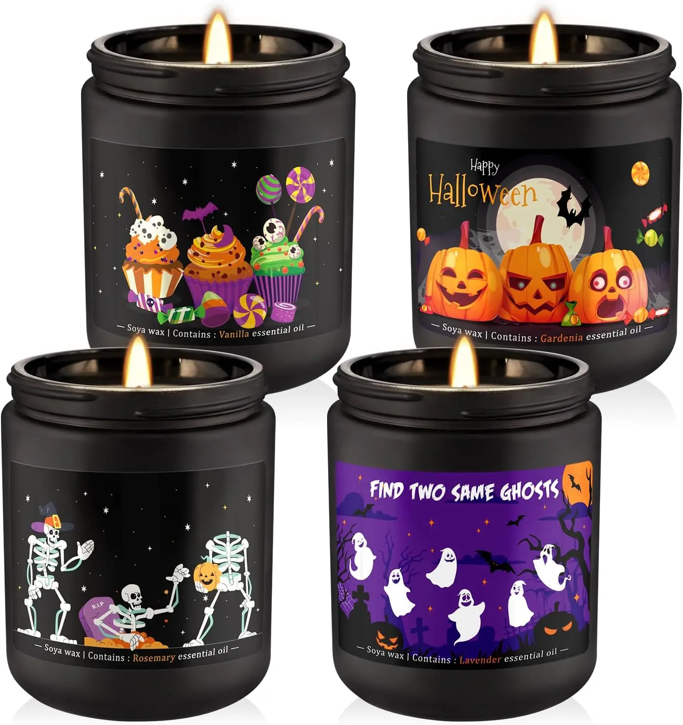 Decorative Halloween Scented Candle Set - 4-Pack 7oz Soy Wax Candles with 4 Fragrances Including Lavender, Long-Lasting Burn, for Home Decor, Themed Parties, Ideal Gift