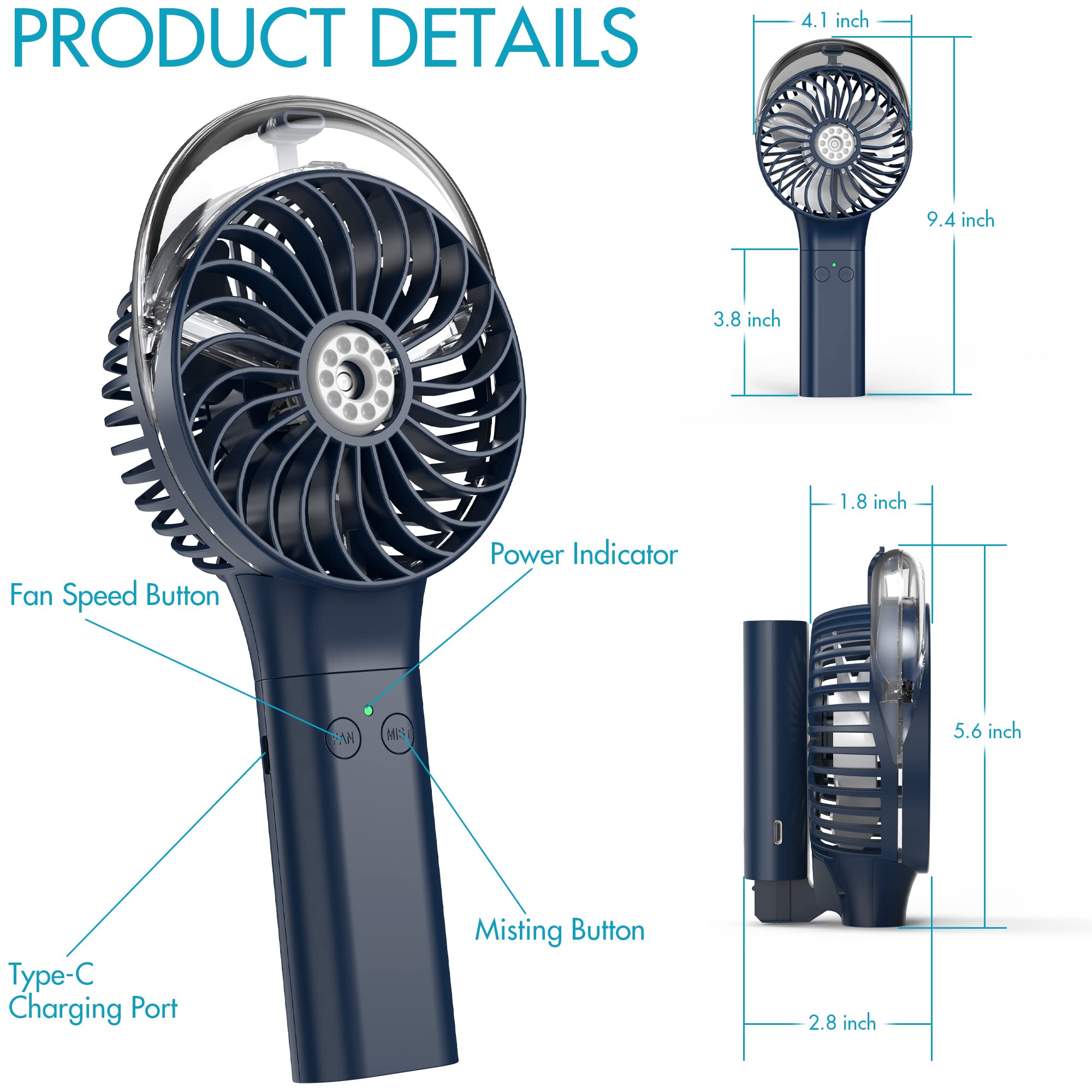 F006 Portable Handheld Misting Fan, 3000mAh Rechargeable Battery Operated Spray Water Mist Fan, Foldable Mini Personal Fan for Travel, Makeup, Home, Office, Camping, Outdoors