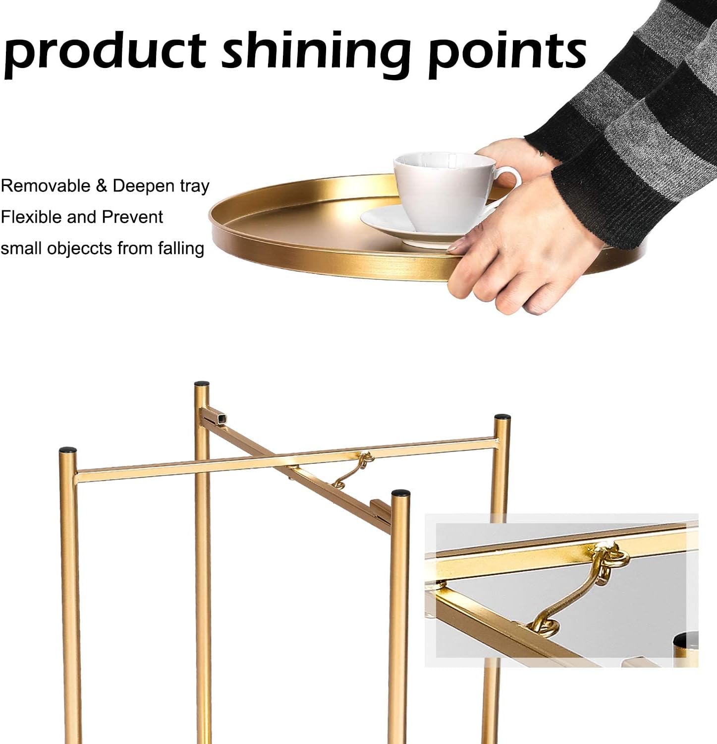 Adeco Side Table 2-Tier Metal Round End Table with Removable Tray