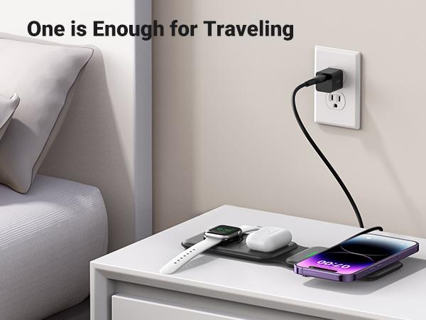 INIU 3 in 1 Magnetic Foldable Wireless Charger Stand for Apple Series, Travel Wireless Charging Station Compatible with Multple Devices for Apple Watch, AirPods, iPhone 17 16 15 14 13 12 series Pro Max Mini (with Adapter) Mobile Portable Folding