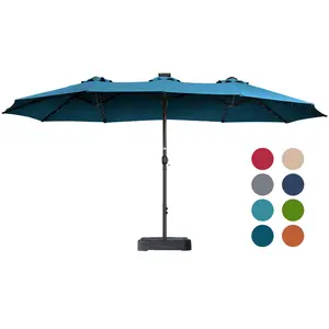 【Solar Powered】15ft Double-Sided Patio Umbrella with Solar LED Lights, 48 Light Beads & 10H Running Time, 99.9% UV Resistant Large Market Umbrella with Included Base for Backyard, Poolside, Garden