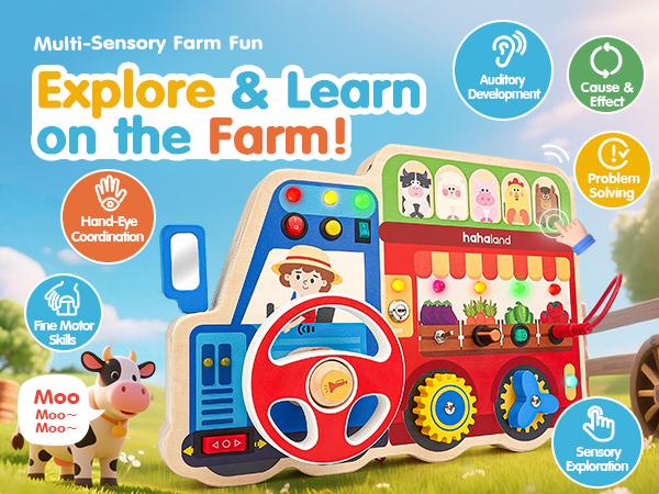 hahaland 18-in-1 Farm Truck Sensory Board: 18 activities with LED lights & switches! A Montessori toy that develops fine motor skills. The perfect travel, birthday, or Christmas gift.