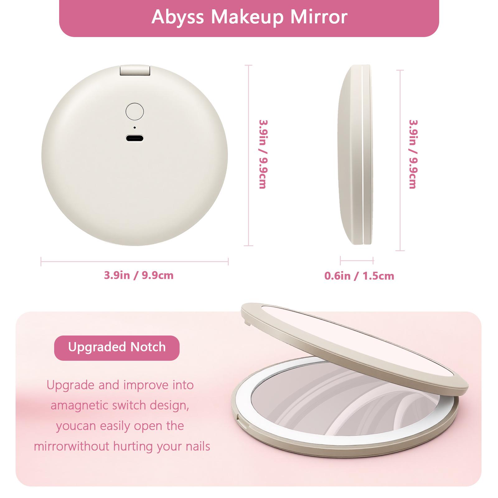 Infinity Travel Lighted Makeup Mirror, Abyss LED Compact Pocket Mirror with Light for Purse, Mini Small Light Up Mirror with 3 Color Lightling, Rechargeable, Handheld,Portable, Folding Pink