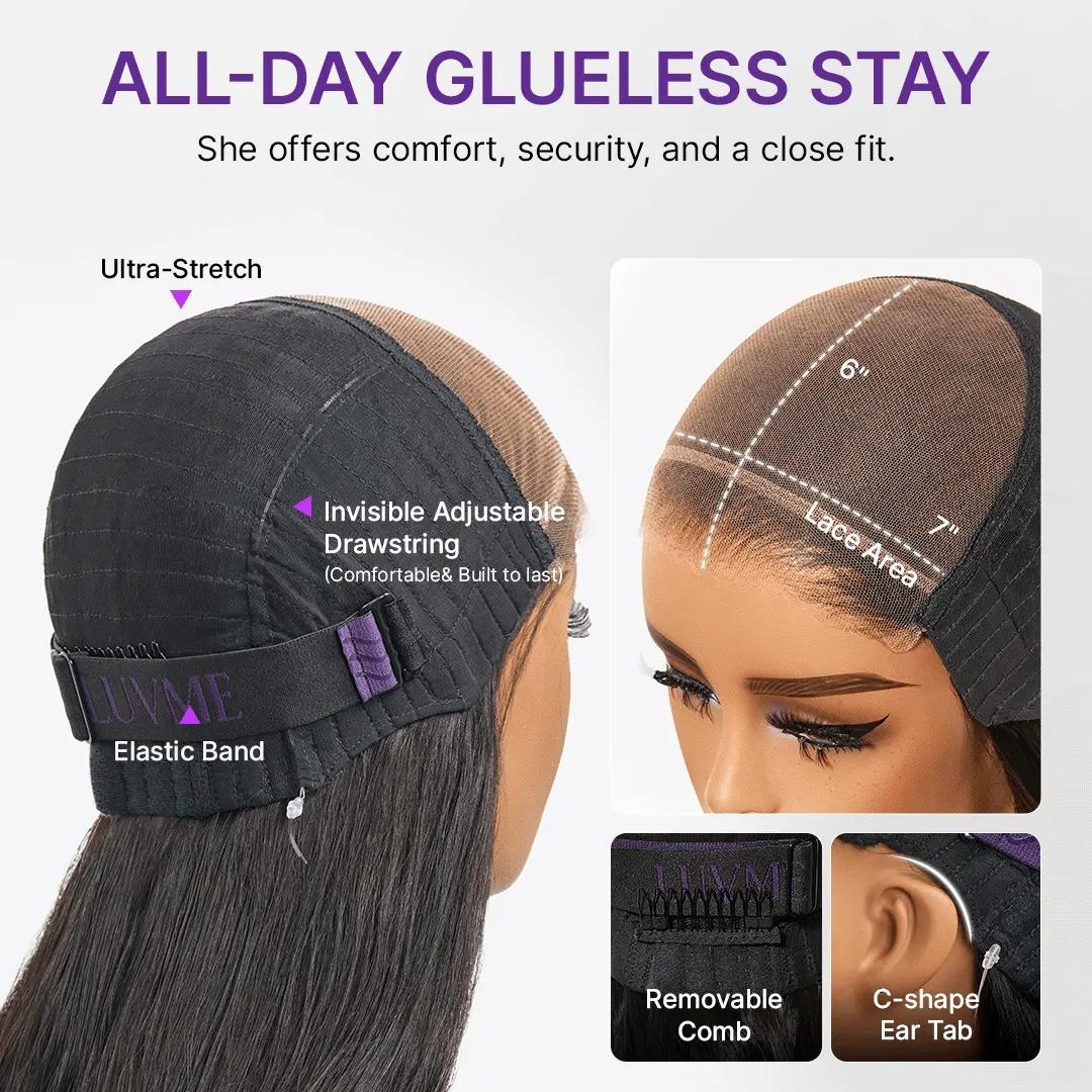 Luvme All Day Comfort Wig Glueless 7x6 Closure Pre Plucked Pre Bleached Pre Cut Melted Lace 180% Density Silky Straight Ready To Go-Come with Left Side Part 250% MyOwn-Fit™ Cap
