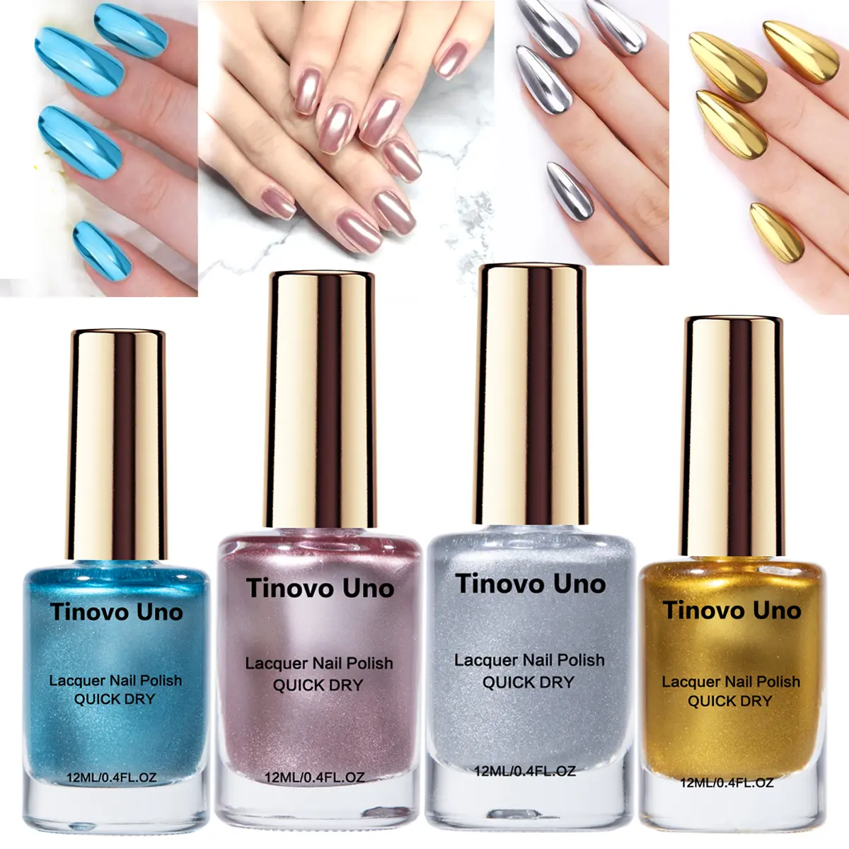 Tinovo Uno 4-Pack Metallic Finish Glitter Sparkle Nail Polish Set, 12ML Bottles, Fast Dryness Autumn Collection, Professional Nail Supplies for Home/Salon Use, Manicure At Home, Gift, Glitter Nails
