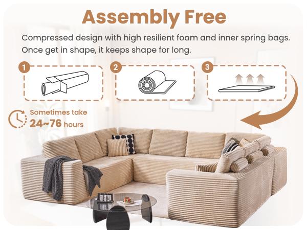 【4 Packages Shipping】Ovios 135" Sectional Cloud Couch for Living Room, Modular Floor Sofa with Plush Corduroy, No Assembly Required, Big Comfy Couches Set with Fluffy Memory Foam, Stupendous U Shaped Sofas with Chaise Furniture Lounge