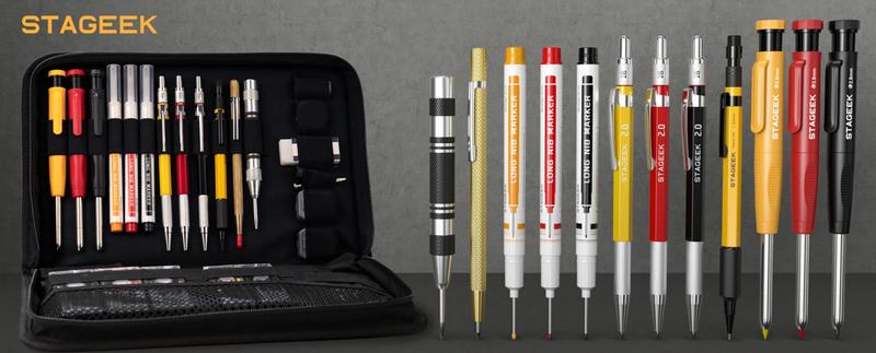 34 Pack Carpenter Pencil Set with Sharpener, Mechanical Carpenter Pencils with Deep Hole Long-Nib Marker Pens, Automatic Center Punch,Carbide Scribe Tool & Construction Pencils for Architect Woodworking with Case(Red, Black, Yellow, Blue)