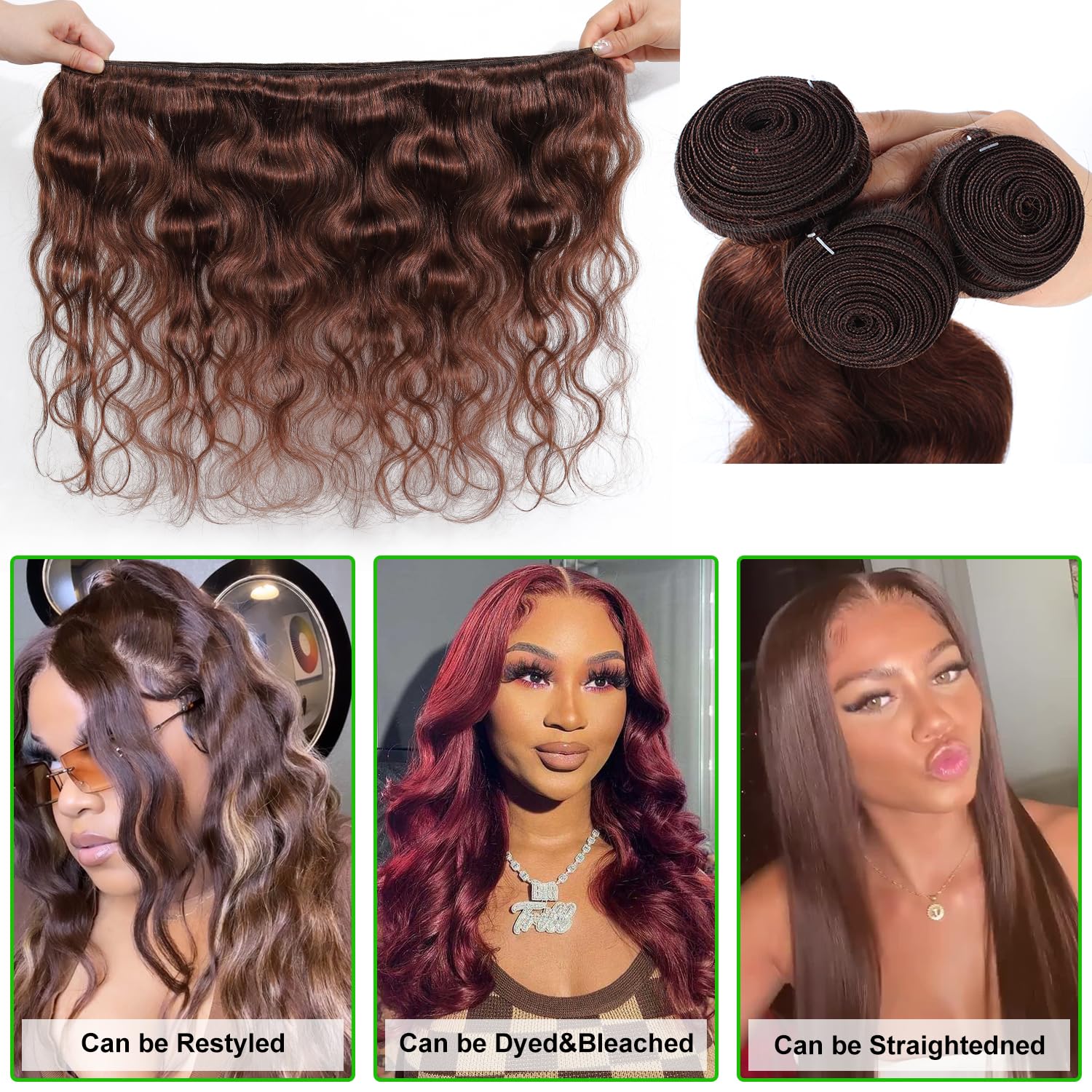 Chocolate Brown Bundles Glossy Hair Bundles Brazilian Body Wave Bundles with Lace Frontal Raw human hair bundles 100% Unprocessed Brazilian Virgin Hair Bundles Quick Weave Hair Extension Outdoorfun Wig valentines gifts for gf