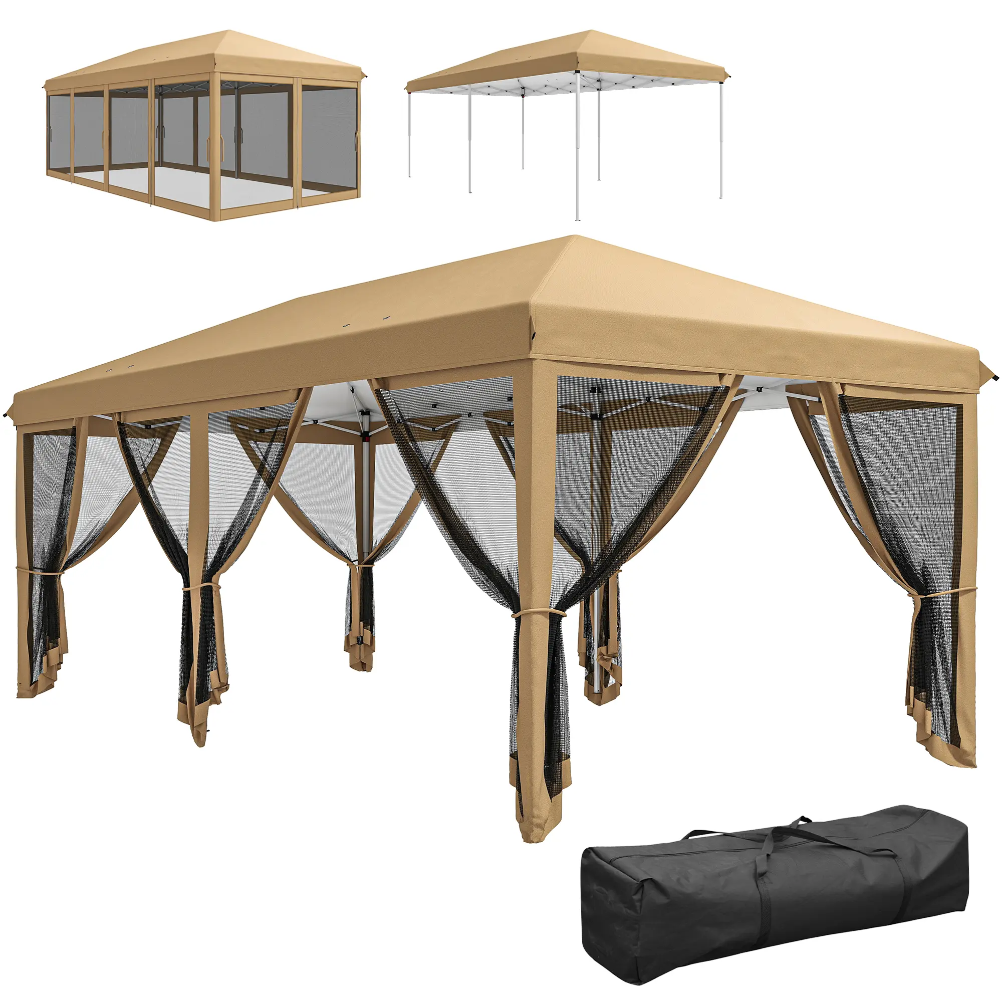 Outsunny 10'x20' Portable Instant Sunshade Canopy Tent with Netting, Heavy-Duty Pop Up Sun Shelter, Large Party Tent with Carry Bag for Outdoor, Garden Use, Beige, Portable Instant Canopy