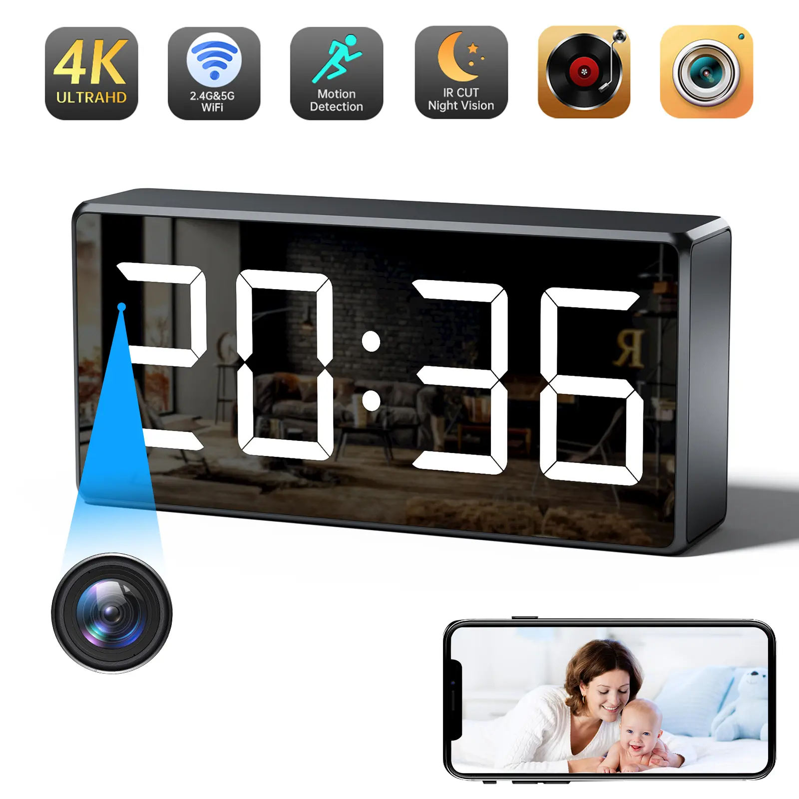 4K WiFi Camera Clock 2.4G/5G Indoor Security Nanny Cam for Baby Monitor, Dog with Motion Detection, Night Vision Surveillance Monitoring