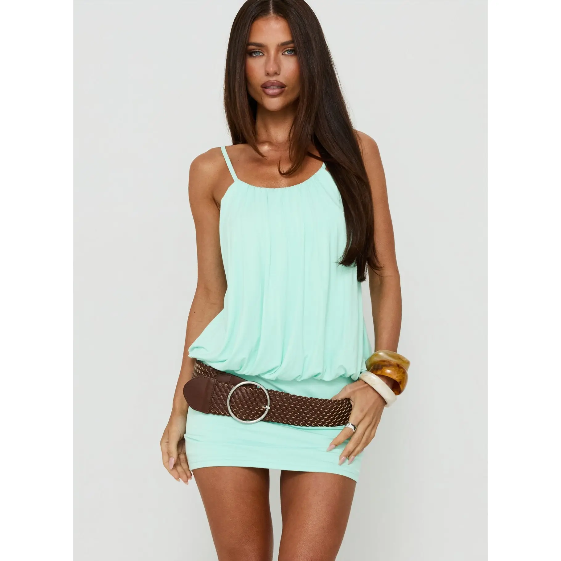 Imeria Ruched Scoop Slouchy Mini Dress Turquoise