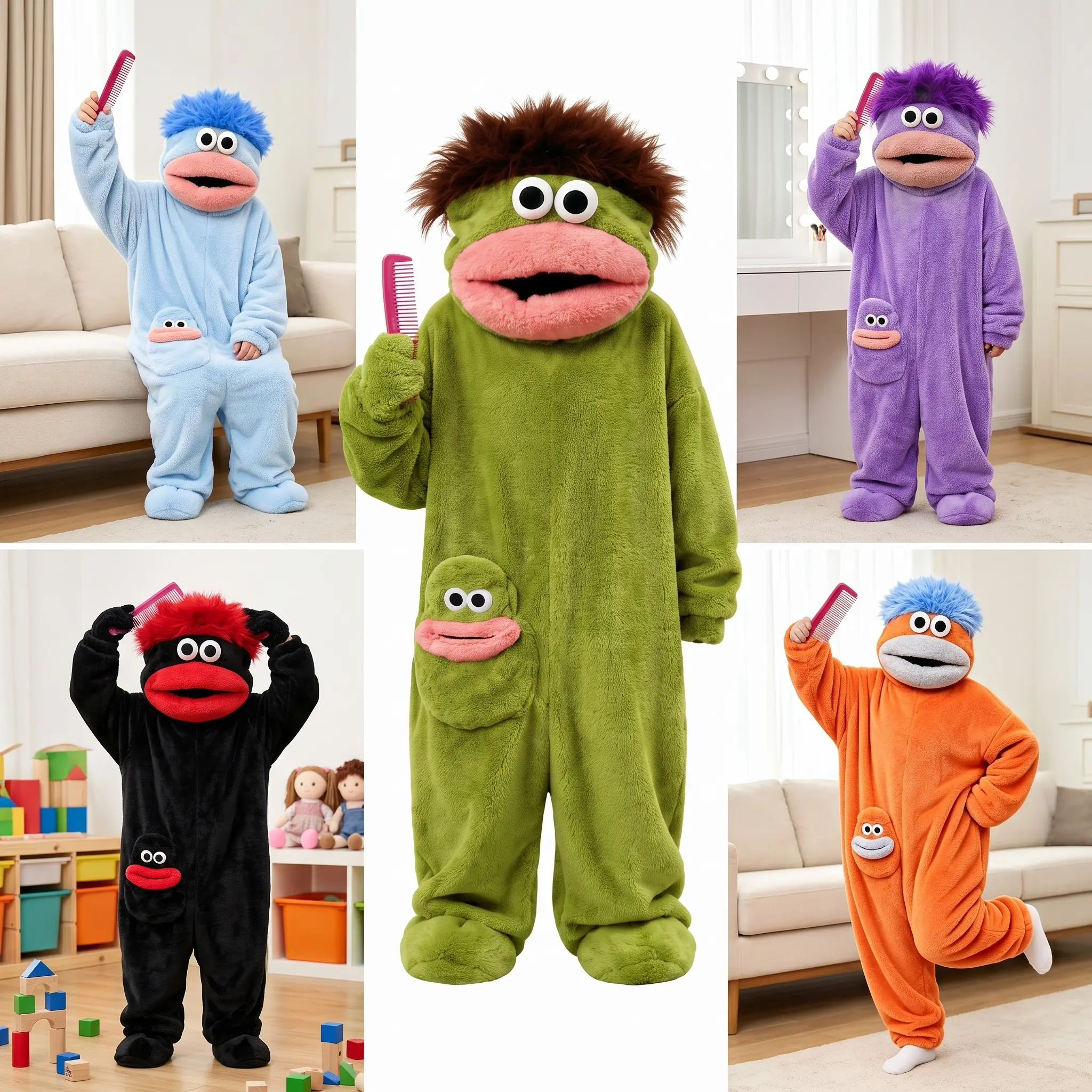 Kids' Matching Soft Flannel Fleece Kigurumi Pajamas - Hooded Herringbone Cartoon Jumpsuit, Ugly Cute Big Mouth Monster Plush Onesie, Long-Sleeve Loose-Fit Pocketed Wearable Blanket, Halloween Cosplay Loungewear (No Shoes/Comb)