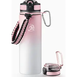 Insulated Sports Water Bottle, 24oz 2 Lids(with Straw/No Straw), Stainless Steel Water Bottles with Paracord Handle, Insulated Bottle with Double-Wall Vacuum Insulation