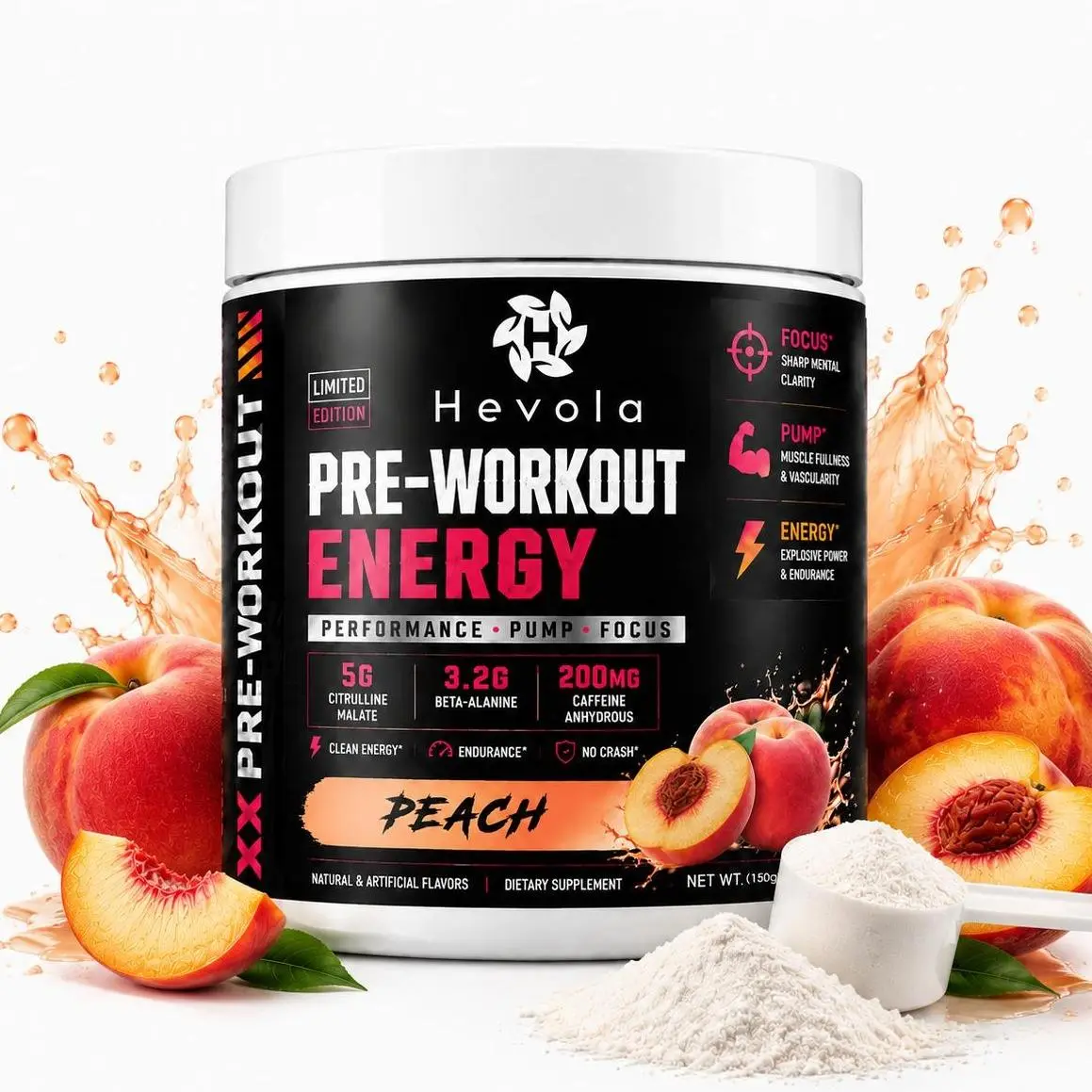 Fruit-Flavored Pre-Workout Supplement (Peach/Strawberry), 30 Servings, 200mg Caffeine Per Serving, Energy Boost, Prop 65 Safe