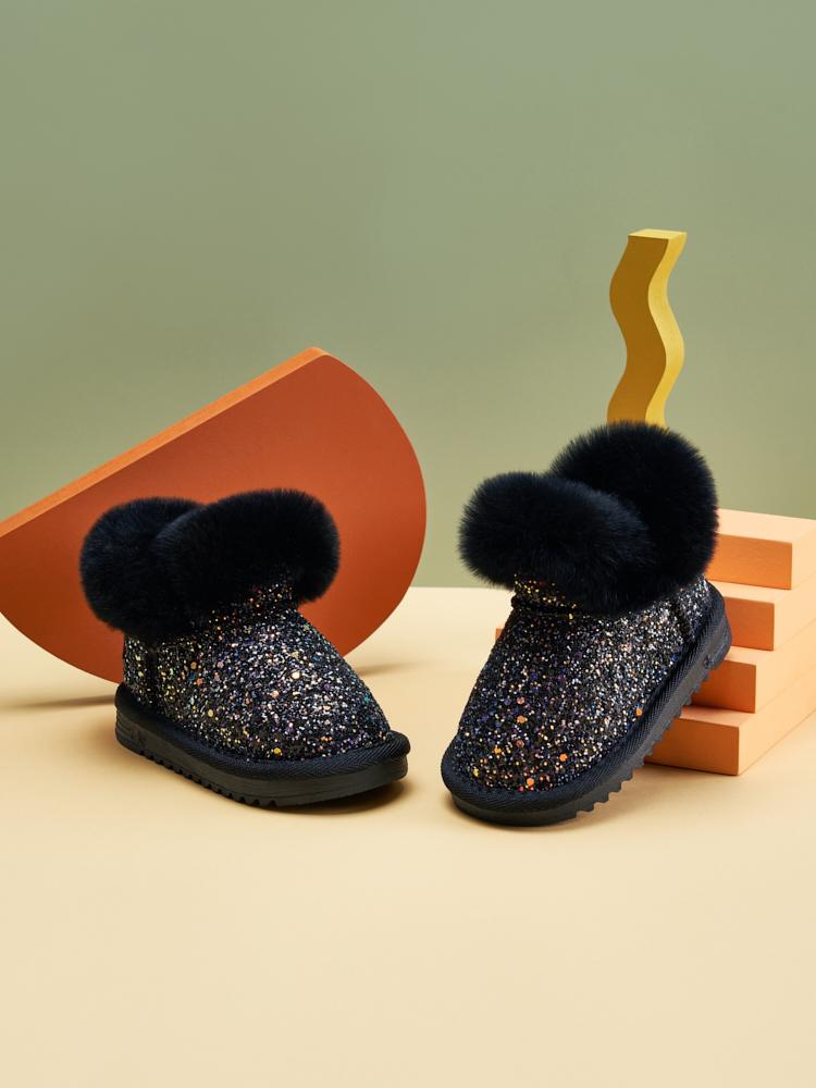 Baby Girl Sparkly Snow Boots with Fleece-Lined Thickened Soft Sole, Glittery Pink Low-Top Winter Shoes with Heart Pom-Poms & Closure for Toddlers Infants Outdoor Play, Cute Cartoon Pattern Winter Boots zipper