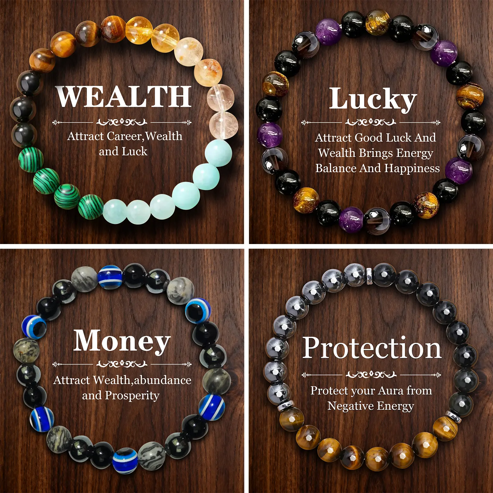 4PCS Exquisite Bohemian Beaded Bracelet,Elegant Fashion Jewelry for Banquet Party and Daily Wear,Natural Citrine, Malachite，Natural Tiger Eye & Amethyst Beaded Bracelet,Elastic Protection Crystal Bracelet For Men And Women