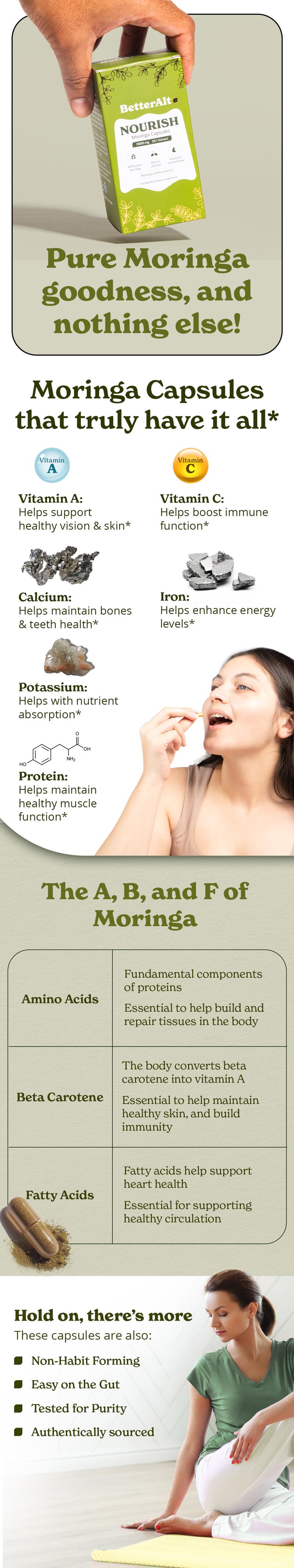 BetterAlt Flaca Moringa Capsules (900mg) | Calcium and Vitamin Powerhouse | Helps Boost Energy, Reduce Fatigue | Pure Oleifera Leaf Powder | 2-Month Pack