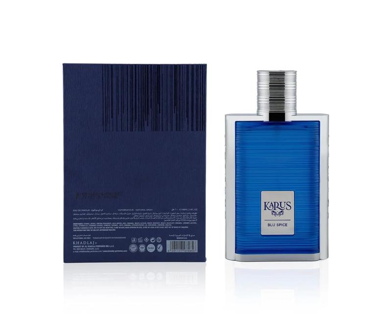 Khadlaj Perfumes Karus Blu Spice Eau de Parfum Unisex 3.4 oz – Tea, Bergamot, Amber Woody Scent